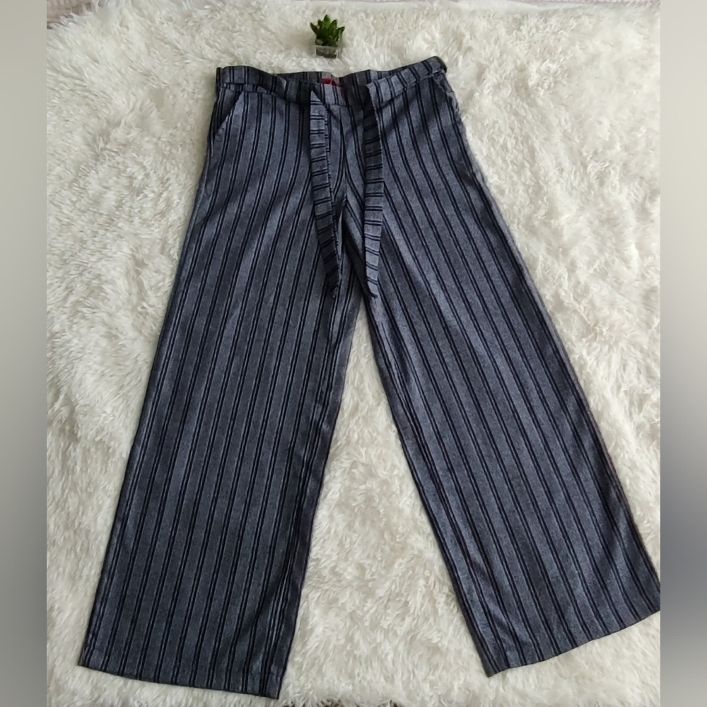 Hot Kiss Dress Pants Women Gray Stripes Belt Side Zipper Size 13 Wide Leg New - Picture 3 of 13
